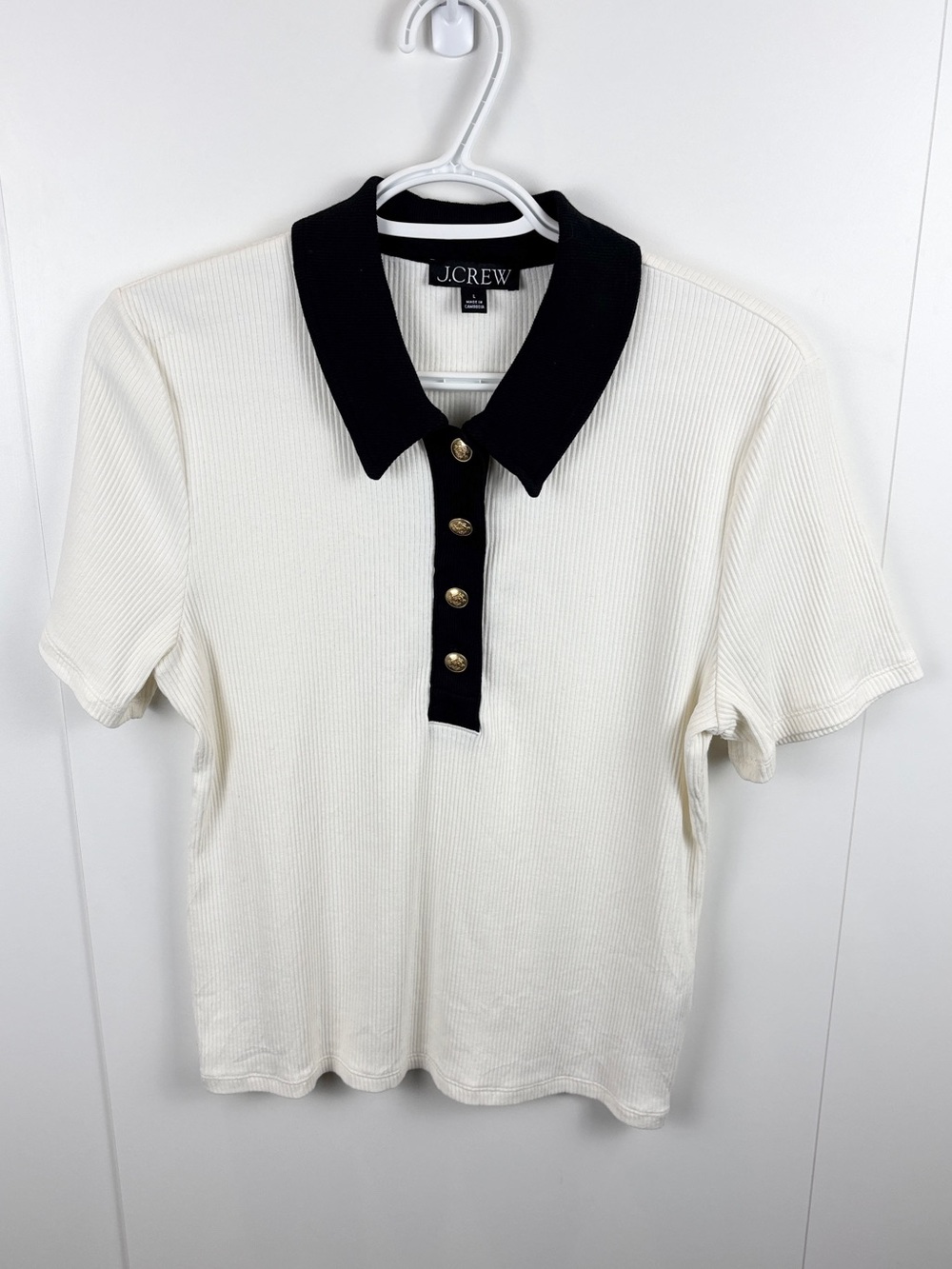 J. Crew Vintage Rib Polo Classic Collar Shirt Gold Buttons Women's L Ivory Black